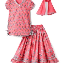 Babyhug Woven Half Sleeves Choli Lehenga Set & Dupatta With Floral Print & Lace Detailing - Pink-picture-29