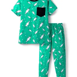 Pine Kids Single Jersey Knit Half Sleeves Co-ords Night Suit With Rocket Print - Green-picture-23