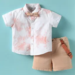 ToffyHouse Poplin Woven Half Sleeves Tie & Dye Printed Shirt & Shorts With Bow & Suspender - White & Light Pink-picture-23