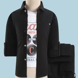 Radutu Full Sleeves Solid Shirt & Pant With Typography Printed Tee Set - Black & White-picture-17