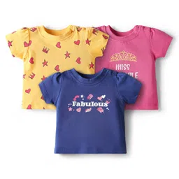 Doodle Poodle 100% Cotton Knit Half Sleeves Tops With Heart & Miss Adorable Text Print Pack of 3 - Pink Navy Blue & Yellow image 1