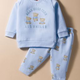 Zero Fleece Knit Full Sleeves Winter Wear Suit Set with Vehicle Print - Light Blue & White-picture-33
