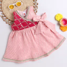 Many frocks & Chanderi Woven Sleeveless Floral Foil Printed Gota Lace Embellished Dress - Pink-picture-11