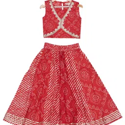 AATYA KIIDS Cotton Woven Sleeveless Bandhani Printed & Gota Lace Embellished Lehenga Choli Set - Red-image-20