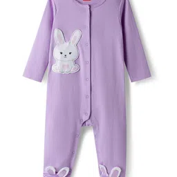 Babyhug Cotton Knit Full Sleeves Footed Sleepsuit With Animal Embroidery & Ear Applique - Lavender-picture-27