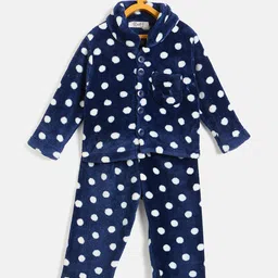 JWAAQ Cotton Knit Full Sleeves Polka Dots Designed & Fur Detailed Coordinating Hooded Sweater With Joggers Set - Navy-image-30