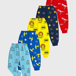 KUCHIPOO Cotton Blend Knit Pack Of 5 Lion & Stars Printed Track Pants - Red Yellow Navy & Sky Blue-picture-12