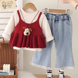 Googo Gaaga Cotton Knit Full Sleeves Solid Top Jeans With Light Winter Sweater & Wallace & Gromit Featuring Gromit Necklace Set - Red-picture-10