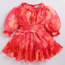 M'andy Georgette Woven Full Puffed Sleeves Abstract Printed Dress - Red-picture-13