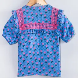 Hugsntugs Cotton Woven Half Puffed Sleeves Floral Printed & Lace Embellished Frock Style Top - Blue image 3