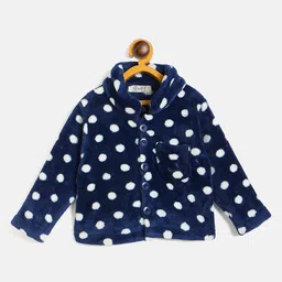 JWAAQ Cotton Knit Full Sleeves Polka Dots Designed & Fur Detailed Coordinating Hooded Sweater With Joggers Set - Navy image 3