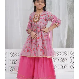 Little Bansi Muslin Woven Three Fourth Sleeves Leaves Printed Gota Lace Embellished Kurta Sharara With Dupatta Set - Dusly Rose image 4