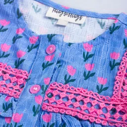 Hugsntugs Cotton Woven Half Puffed Sleeves Floral Printed & Lace Embellished Frock Style Top - Blue image 4