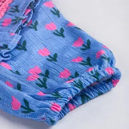 Hugsntugs Cotton Woven Half Puffed Sleeves Floral Printed & Lace Embellished Frock Style Top - Blue image 5