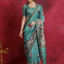 Saree Mall Blue Printed Sarees With Unstitched Blouse-image-56