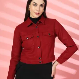 CHKOKKO Maroon Wool Solid Full Sleeves Jacket-picture-13