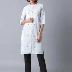 W Women Blue Polka Print Cotton Straight Kurta-picture-43