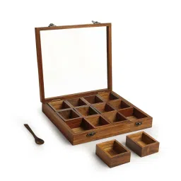 ExclusiveLane Brown Sheesham Wood Medley Of Masalas Spice Box With Spoon (0.08 L) - Set of 12 image 4