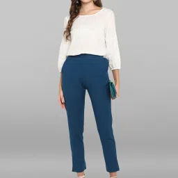 Janasya Teal Regular Fit Mid Rise Pants image 4
