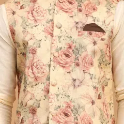 VASTRAMAY Brown & Cream Regular Fit Floral Print Kurta & Churidar With Nehru Jacket image 4