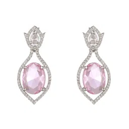Priyaasi Pink Leaf Bud American Diamond Silver-Plated Drop Earrings image 4