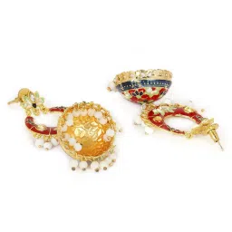 Oomph Red Meenakari Enamel Kundan & Pearls Floral Jhumki Earrings image 4