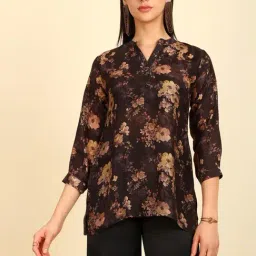 Soch Womens Black Floral Print Mandarin Collar Vicose Muslin Tunic-image-24