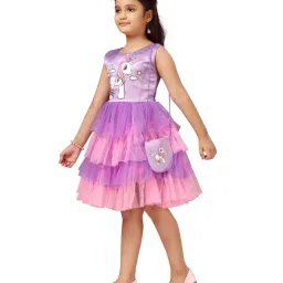 Aarika Kids Purple & Pink Printed Frock & Sling Bag image 3