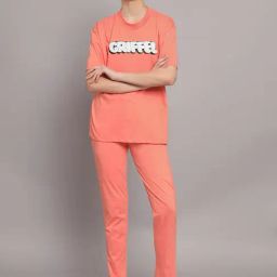 GRIFFEL Peach Printed T-Shirt With Track Pants-picture-29