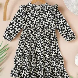 Bella Moda Girls Black Cotton Three Fourth Sleeves Abstract Printed Dress-picture-14