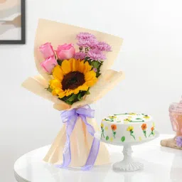 Lovely Sunflower Bouquet And Cake Combo-image-2