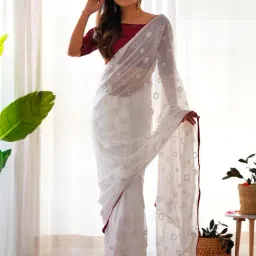 Saree Mall White Embellished Saree With Unstitched Blouse-image-61