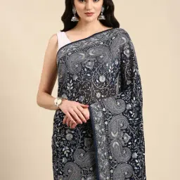 Mohey Navy Embroidered Saree With Unstitched Blouse image 3