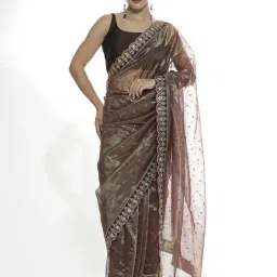Jaipur Kurti Brown Embroidered Saree With Unstitched Blouse image 3