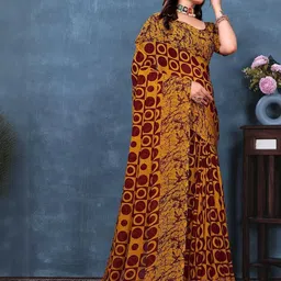 KANOODA Women Mustand Pure Georgette Bandhani Saree With Stitched Blouse-image-65