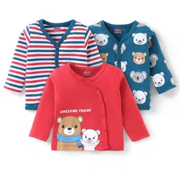 Babyhug 100% Cotton Full Sleeves Front Open Vests Teddy Print Pack of 3 - Red & Blue-picture-12