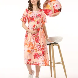 Bella Mama Viscose Half Sleeves Maternity Dress With Pocket Floral Print - Peach-image-21