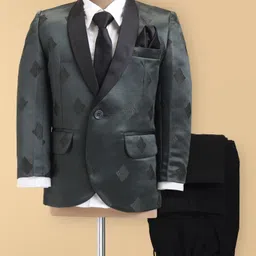 Robo Fry Woven Full Sleeves Embroidered 3 Piece Party Suit with Tie - Dark Green-picture-27