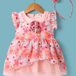 ToffyHouse Woven Frill Sleeves Party Dress With Floral Print & Applique & Headband - Pink-image-47