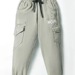 Olio Kids Cotton Woven Full Length Trousers With Text Print - Olive Green image 1