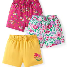 Babyhug Single Jersey Knit Mid Thigh Shorts Floral Print Pack of 3 - Dark Pink Yellow & White image 1