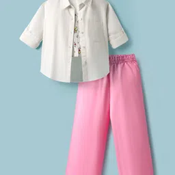 Pine Kids Poplin Woven Solid Color Full Sleeves Shirt & Culottes with Inner Top - White & Pink-picture-27