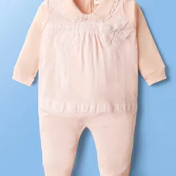 ToffyHouse Interlock Knit Full Sleeves Footed Sleepsuit With Peter Pan Collar & Lace Detailing -Peach-picture-14