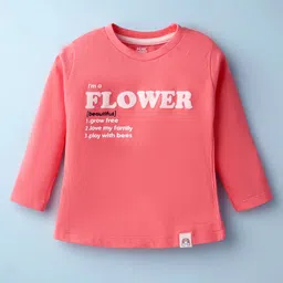 Pink Rabbit Single Jersey Knit Full Sleeves T-Shirt With Flower Text Print - Coral-picture-12