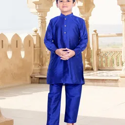 Pehanaava Jute Woven Full Sleeves Solid Pathani Style Kurta Pyjama Set - Royal Blue-picture-21