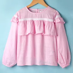 kookie kids india Kookie Kids Cotton Woven Full Sleeves Dobby Top with Frill Detailing & Lace Detailing - Pink-picture-34