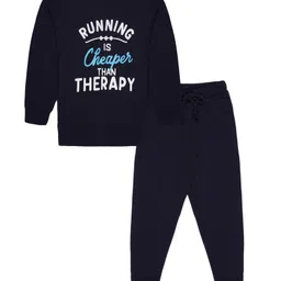 Young Birds Cotton Knit Full Sleeves Running Is Cheaper Than Therapy Text Printed Tee & Joggers Set - Navy Blue-picture-12