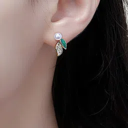 styledose Sterling Silver Pearls Beaded Leaf Shaped Studs image 3