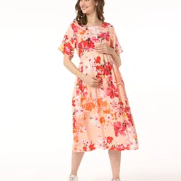 Bella Mama Viscose Half Sleeves Maternity Dress With Pocket Floral Print - Peach image 3