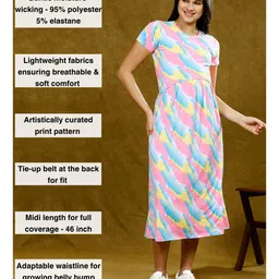 True Shape Embosis Hoseiry Half Sleeves Abstract Printed Maternity Dress With Zipless Nursing Access - Pink image 3
